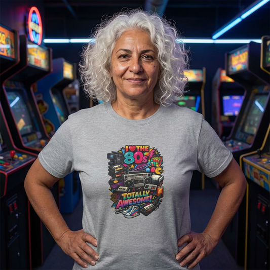 80s Retro Tee - "Totally Awesome" Cassette & Arcade Vintage Graphic T-Shirt