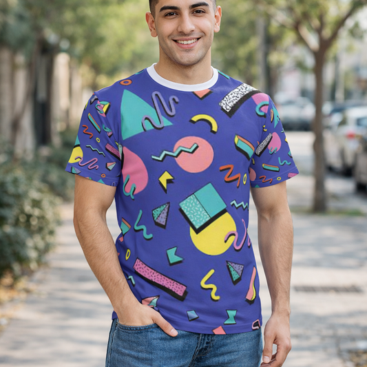 Retro 90s Memphis Pattern Tee — Colorful Geometric All-Over Print
